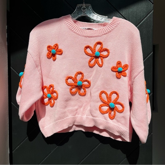 Zara Sweaters - Zara embroidered Floral Pink Sweater puff sleeve short sleeve cropped size S